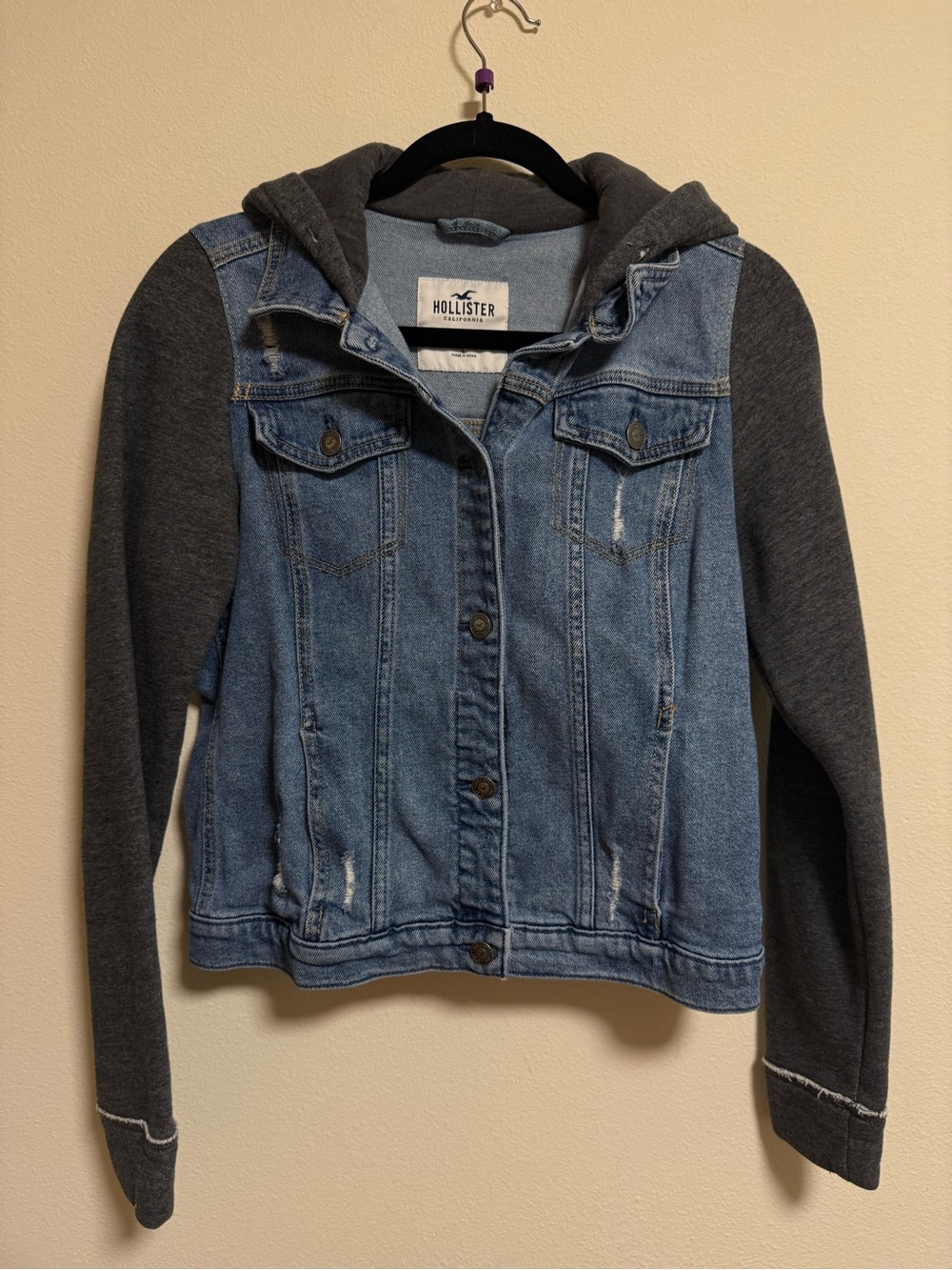 Hollister Blue Denim Jacket with Dark Gray Hoodie Sleeves